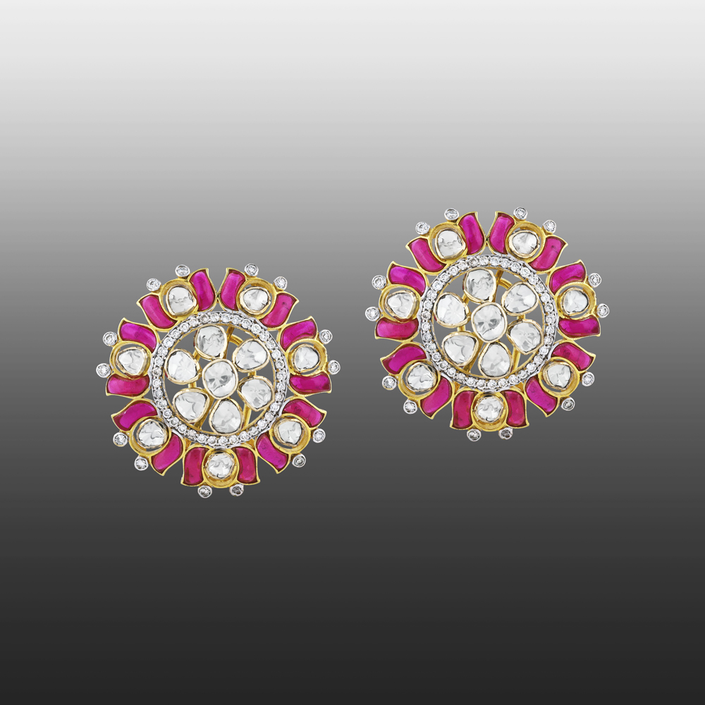 Polki Circular Earrings with Pinkish Red Talaf and Floral Design